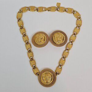 Anne Klein Vtg Lion Head Necklace Clip On Earring Set Gold Tone Statement Chunky